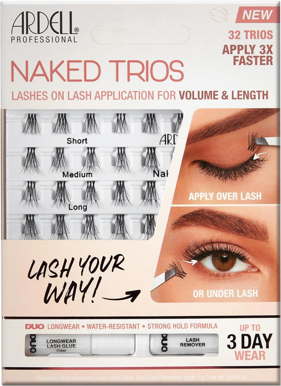 Ardell Naked Lashes Trios Kit Individual False Eyelashes, Duo Adhesive Included, Vegan Friendly, 32 Trios (Pack of 1)
