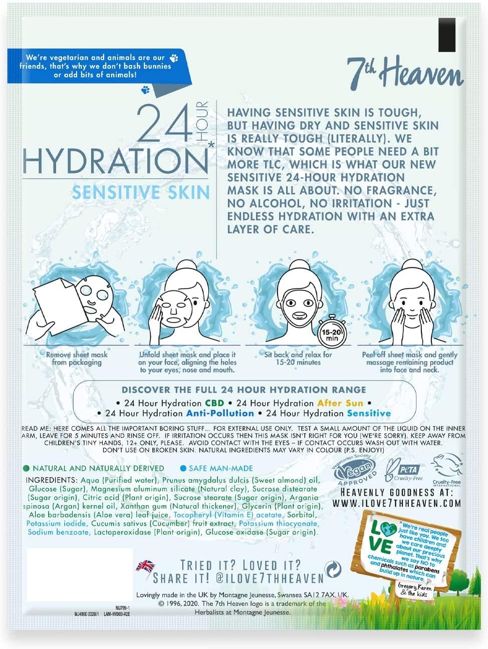 Load image into Gallery viewer, 7th Heaven 24h Hydration Sensitive Skin Sheet Mask 16g for Sensitive Skin Moisturising Fragrance Free Enriched with Vitamin E Clinically Proven Dermatologically Tested
