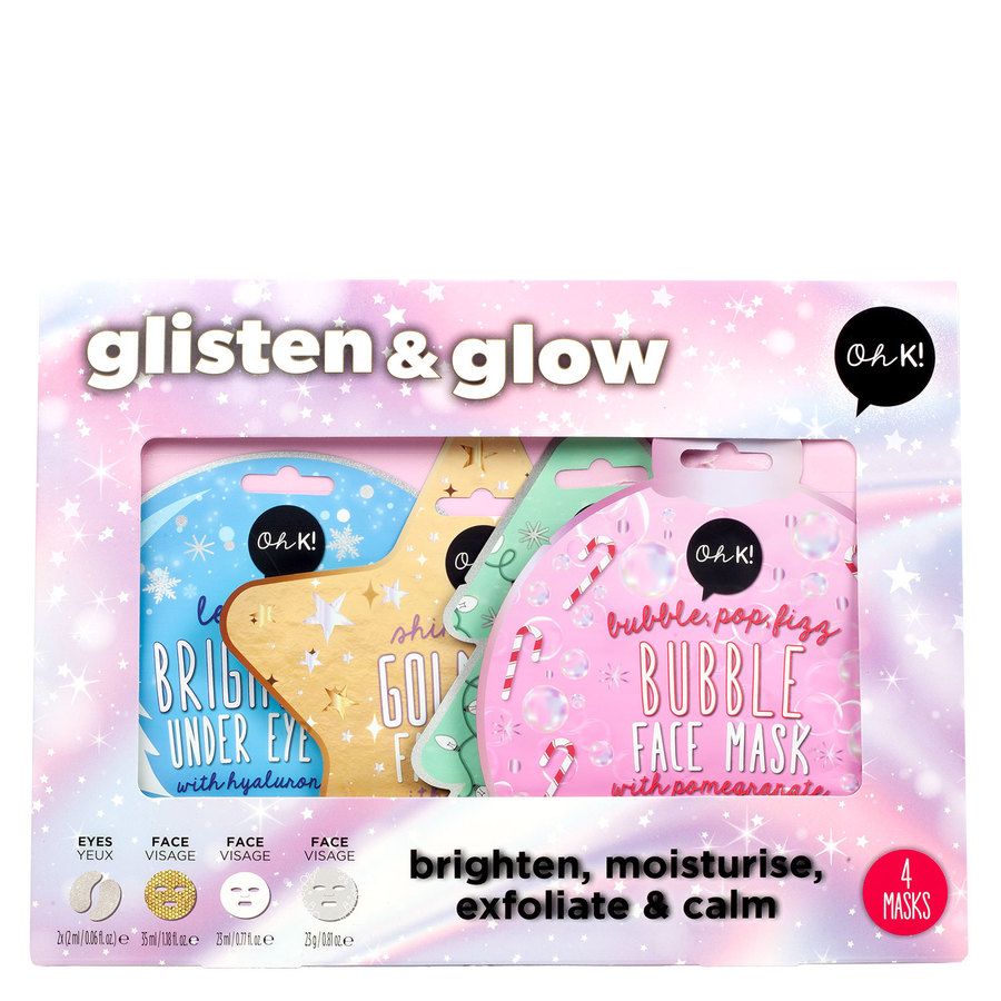 Oh K! Glisten & Glow Set – 4 Holiday Face Masks with Gold Foil, Hydrating, Bubble & Brightening Effects