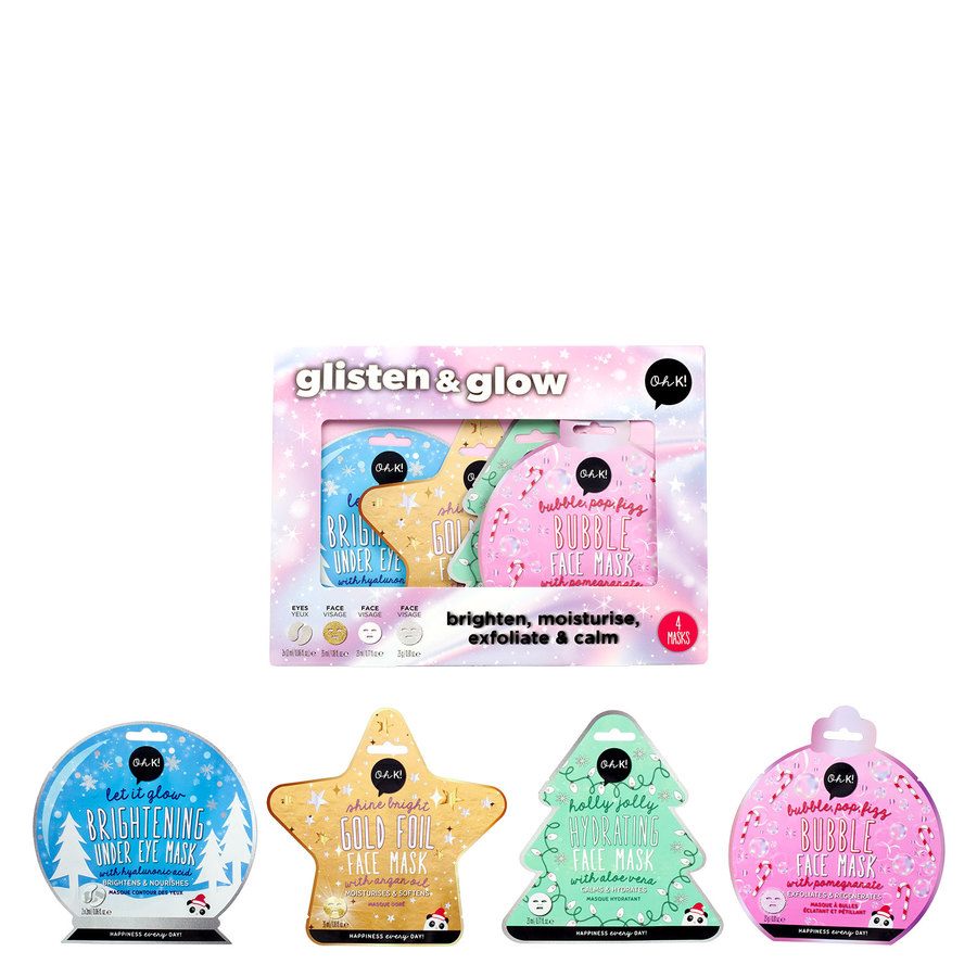 Oh K! Glisten & Glow Set – 4 Holiday Face Masks with Gold Foil, Hydrating, Bubble & Brightening Effects