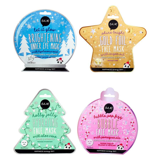 Oh K! Glisten & Glow Set – 4 Holiday Face Masks with Gold Foil, Hydrating, Bubble & Brightening Effects