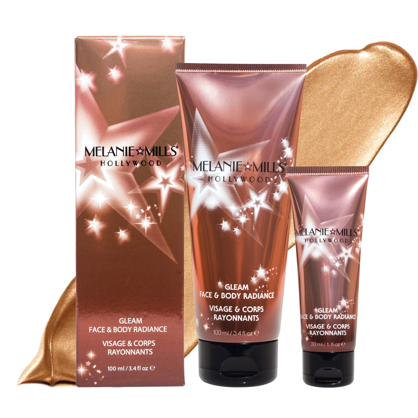 Melanie Mills Hollywood Gleam Body Radiance All In One Makeup, Moisturiser & Glow For Face & Body Peach Deluxe