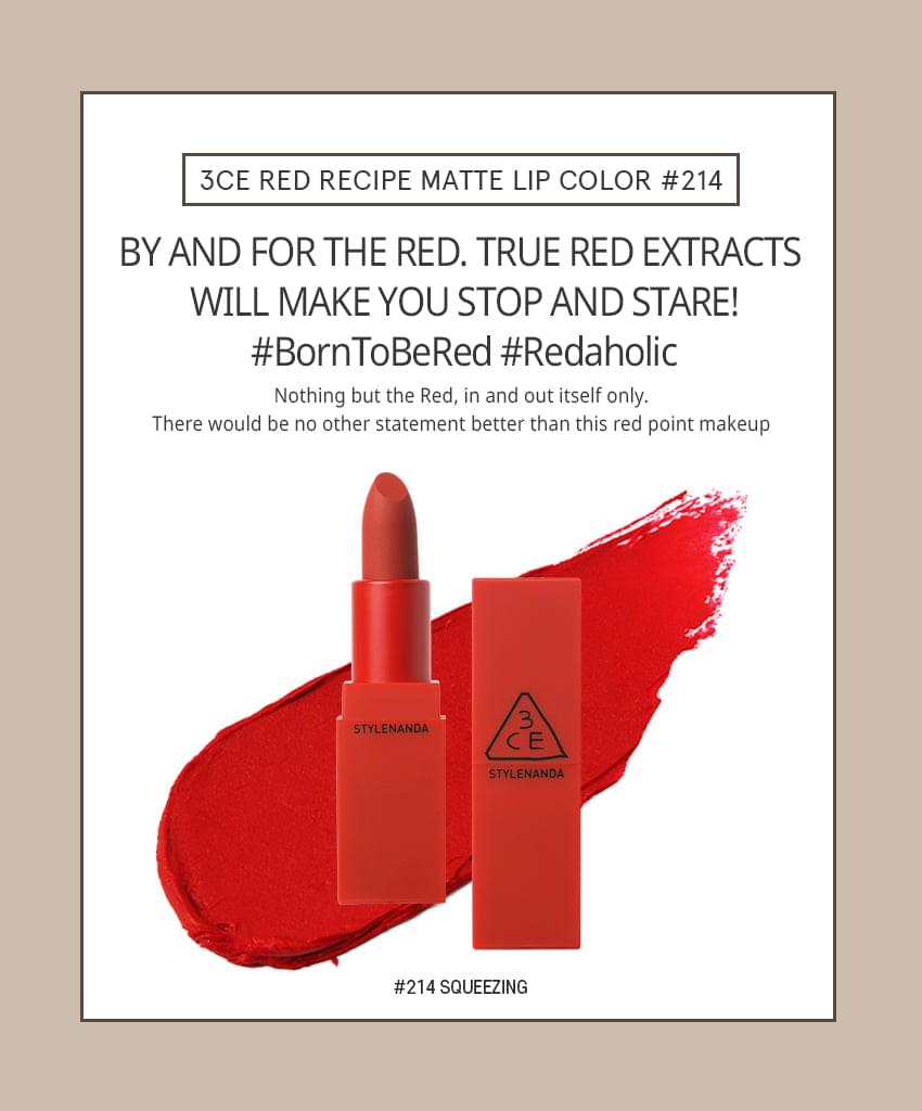 3CE Matte Red Recipe Lip Colour No 214 Squeezing