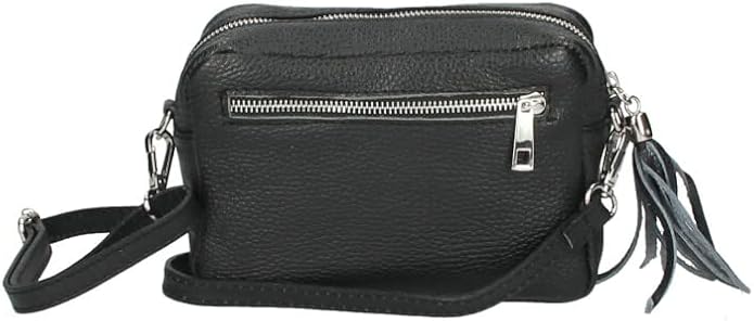 Italian leather crossbody messenger sling bag with tassel for women - Black