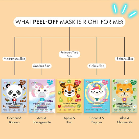 7th Heaven Go Wild Animal Face Sheet Mask Gift Set – 5 Fun Hydrating Masks for Kids with Coconut, Apple, Aloe & Banana – Gentle on Sensitive Skin, Perfect for Sleepovers & Party Bags – Cruelty-Free