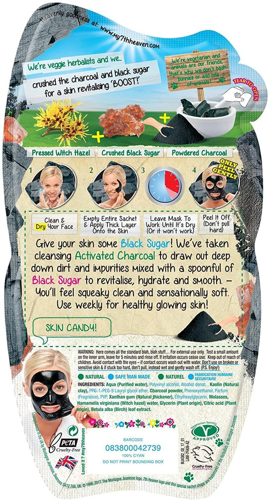 7th Heaven Charcoal and Black Sugar Easy Peel-Off Mask with Activated Charcoal and Pressed Witch Hazel for a Deep Pore Detox, Ideal for Oily, Combination and Problem Skin