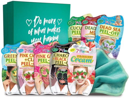 7th Heaven Beauty Box of Treats Gift Pack with 8 Facial Skincare Masks - Includes a Decorated Keepsake Box and Cleansing Face Cloth