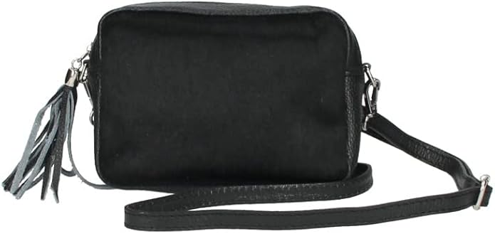 Italian leather crossbody messenger sling bag with tassel for women - Black