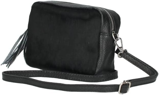 Italian leather crossbody messenger sling bag with tassel for women - Black