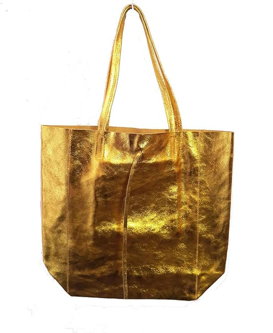 Ladies Soft Italian Real Leather Metallic Shopper Tote Bags Women Girls College Shoulder Handbags for Women