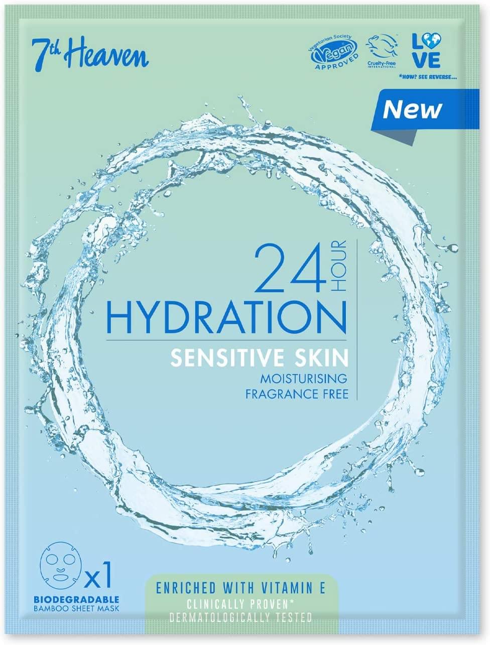 7th Heaven 24h Hydration Sensitive Skin Sheet Mask 16g for Sensitive Skin Moisturising Fragrance Free Enriched with Vitamin E Clinically Proven Dermatologically Tested