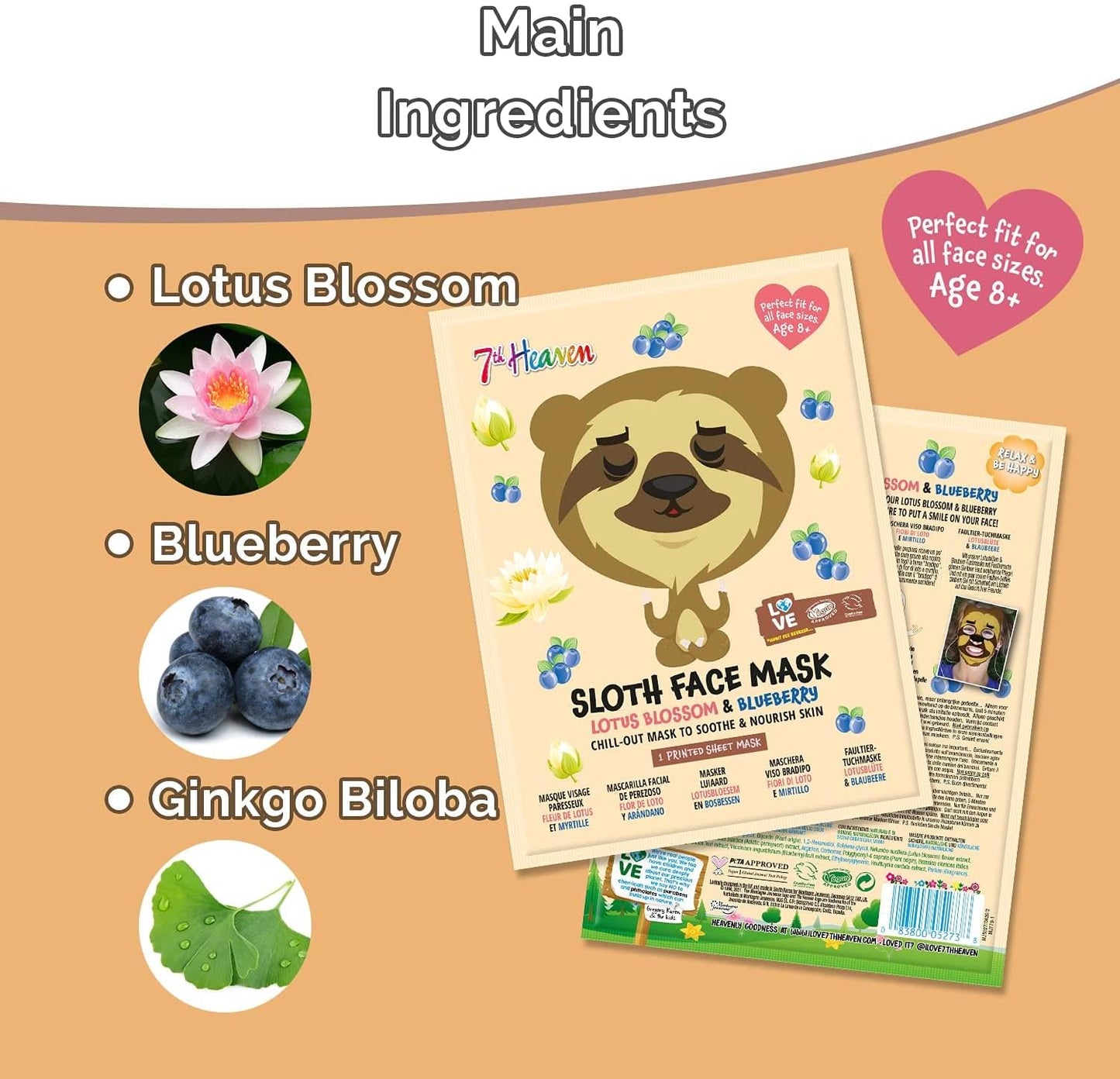 7th Heaven Animal Face Sheet Mask Sloth - with Lotus Blossom and Blueberry Chill Out Mask to Soothe and Nourish Mask