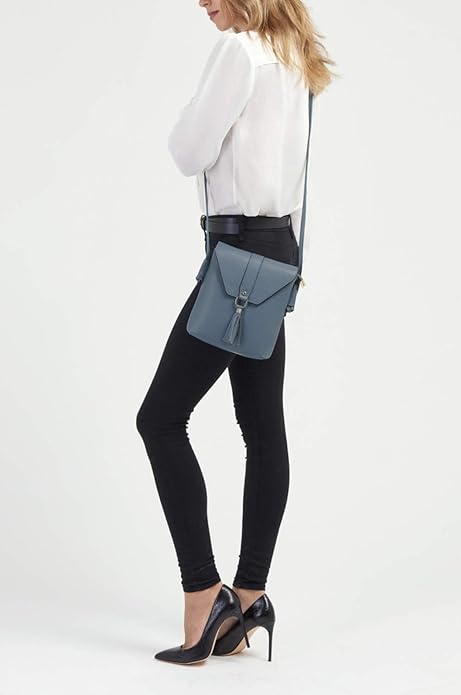 Ladies 100% Italian Real Soft Leather Crossbody Bag with Tassle in Denim Blue