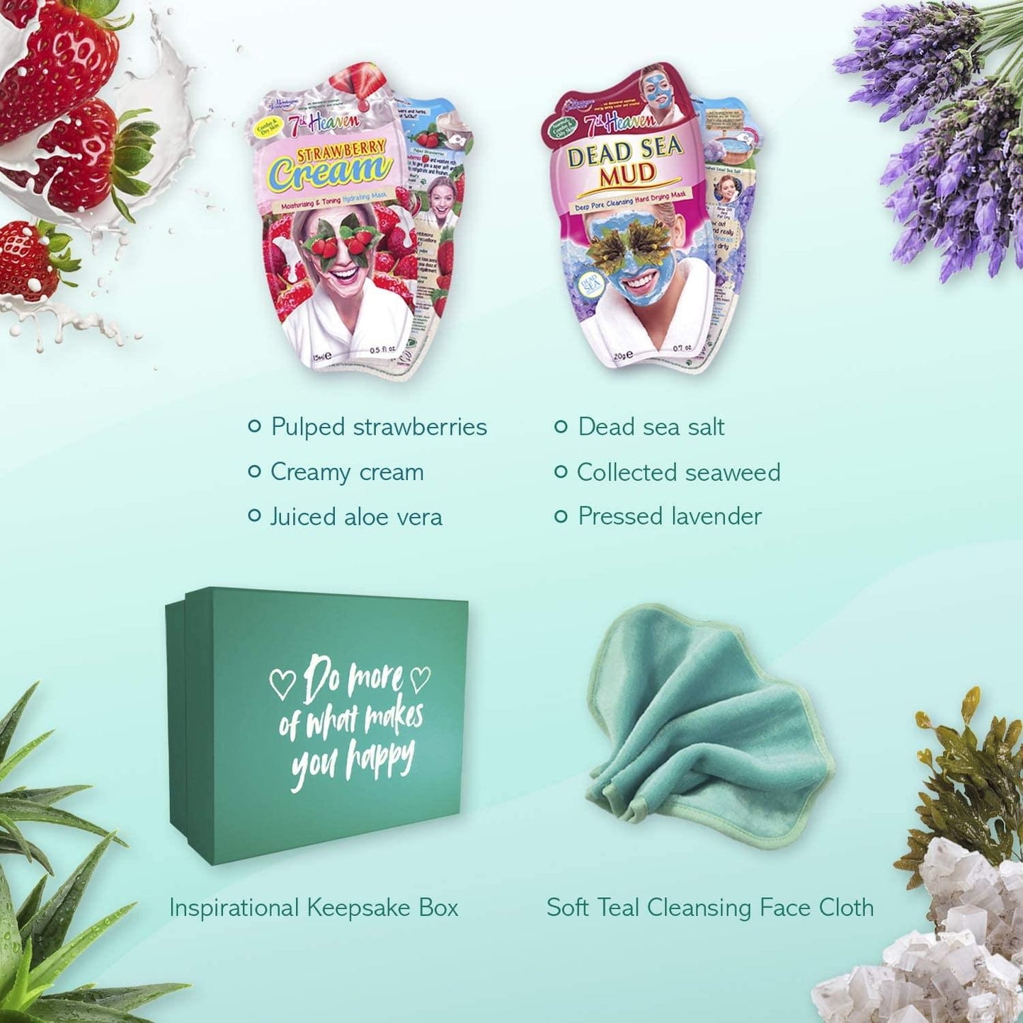 7th Heaven Beauty Box of Treats Gift Pack with 8 Facial Skincare Masks - Includes a Decorated Keepsake Box and Cleansing Face Cloth