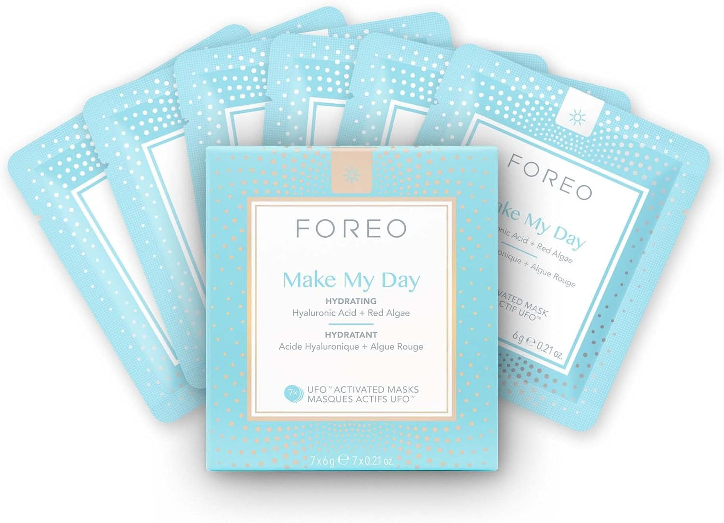 FOREO Make My Day UFO Activated Facial Mask for Dry Dehydrated Skin, 7 pack, Moisturizing & Anti-pollution, Hyaluronic Acid & Red Algae, Clean Formula, Cruelty-free, Compatible with all UFO devices