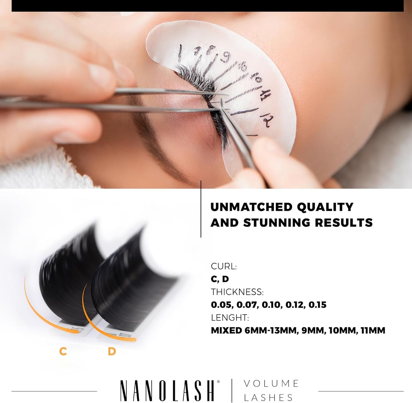 Nanolash Volume Lashes - false lashes for professional eyelash extensions, volume eyelash extensions (0.07 C, 10mm)