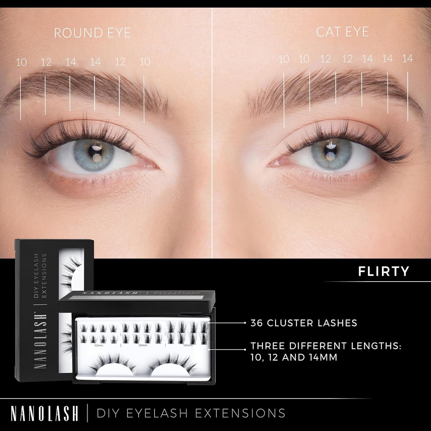 Nanolash DIY Eyelash Extensions 36 pcs - cluster lashes DIY, cluster false eyelashes for lash extensions at home, individual cluster lashes (FLIRTY)