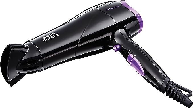 Nicky Clarke 2200W Lightweight Frizz Control Fast Dry DC Ionic Hair Dryer, 2 Heat & Speed Settings, Cool Shot, 2m Salon Length Cable with Hanging Loop - NHD177, Black 7 Purple