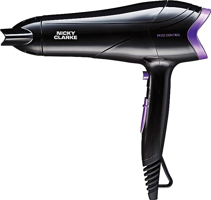Nicky Clarke 2200W Lightweight Frizz Control Fast Dry DC Ionic Hair Dryer, 2 Heat & Speed Settings, Cool Shot, 2m Salon Length Cable with Hanging Loop - NHD177, Black 7 Purple