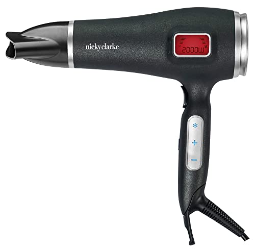 Nicky Clarke 2000W Professional Salon Hair Therapy Digital Touch Control DC Dryer with LCD Display, Ceramic & Tourmaline Frizz-Fighting Technology, 10 Settings, 3m Cable, Black & Silver - NHD146