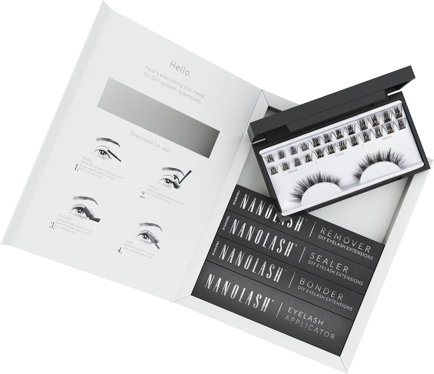 Nanolash DIY Eyelash Extensions Starter Kit - cluster lashes with bonder, sealer, remover, apllicator, home lash extensions kit (HARMONY)