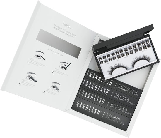 Nanolash DIY Eyelash Extensions Starter Kit - cluster lashes with bonder, sealer, remover, apllicator, home lash extensions kit (HEARTBREAKER)