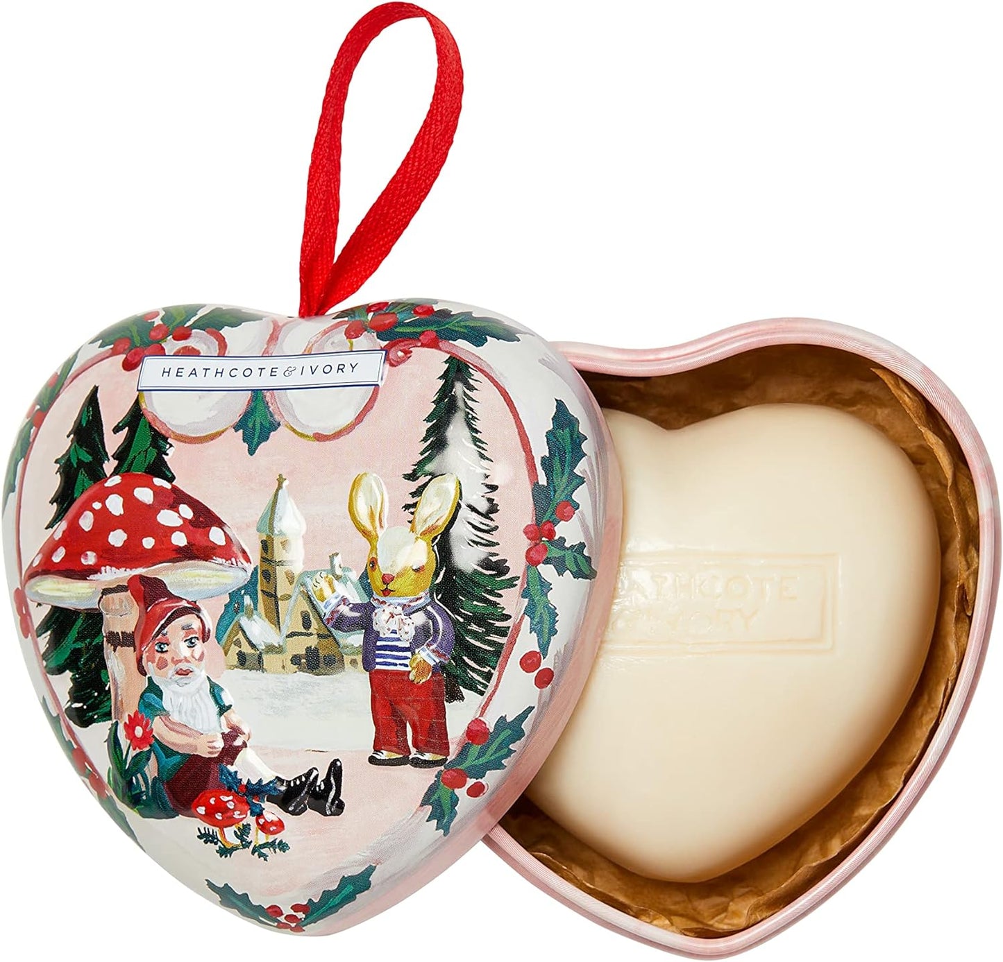 Load image into Gallery viewer, Vintage &amp;amp; Co Beauty X Nathalie Lete Christmas-Scented Soap in Heart Shaped Tin 90g (with display tray) - Festive Heart Shaped Moisturizing Soap, Holiday-Themed Packaging
