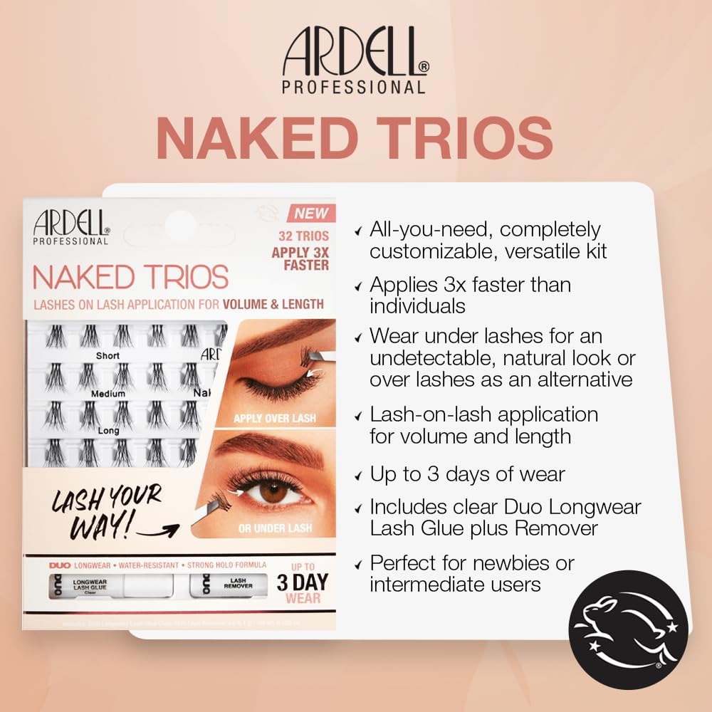 Ardell Naked Lashes Trios Kit Individual False Eyelashes, Duo Adhesive Included, Vegan Friendly, 32 Trios (Pack of 1)