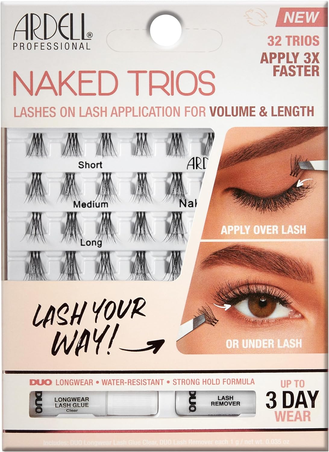 Ardell Naked Lashes Trios Kit Individual False Eyelashes, Duo Adhesive Included, Vegan Friendly, 32 Trios (Pack of 1)