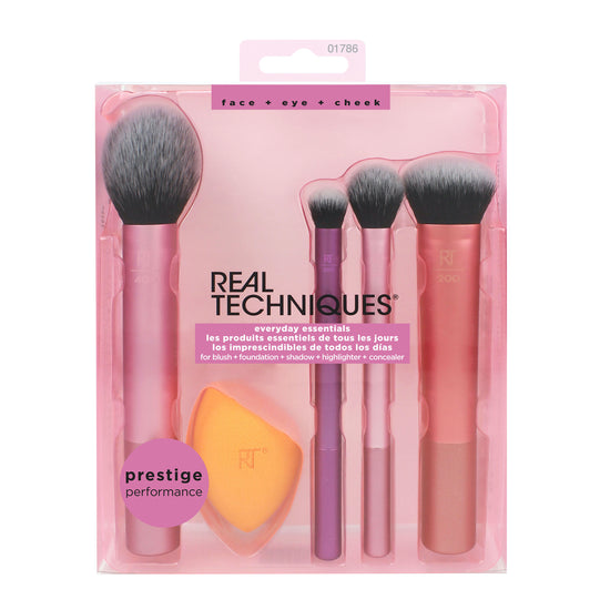 Real Techniques Everyday Essentials Make-up Brush Complete Face Set (Miracle Complexion Sponge, Expert Face, Blush, Setting and Deluxe Crease Brushes)