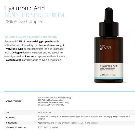 Skin Generics Hyaluronic Acid MOISTURISING SERUM 28% Active Complex, 30ml