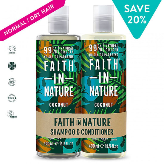 Load image into Gallery viewer, Faith in Nature Natural Coconut Shampoo and Conditioner Set, Hydrating Vegan and Cruelty Free, Parabens and SLS Free, for Normal to Dry Hair, 2 x 400 ml
