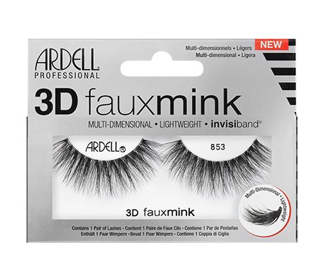 A pair of Ardell 3D Faux Mink 853 eyelashes in grayish packaging with text describing the faux eyelashes