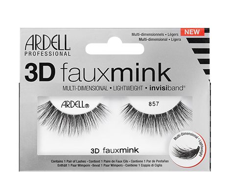 A pair of Ardell's 3D Faux Mink 857 eyelash in packaging that describes the false eyelashes