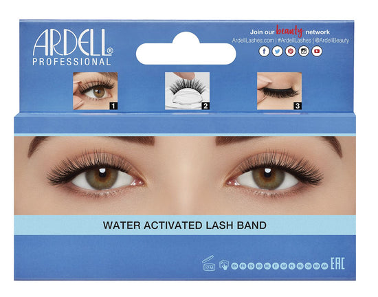 Back of Ardell Aqua Lash 340 Aqua Lash packaging featuring instructions and close up of a model's eyes wearing faux lashes
