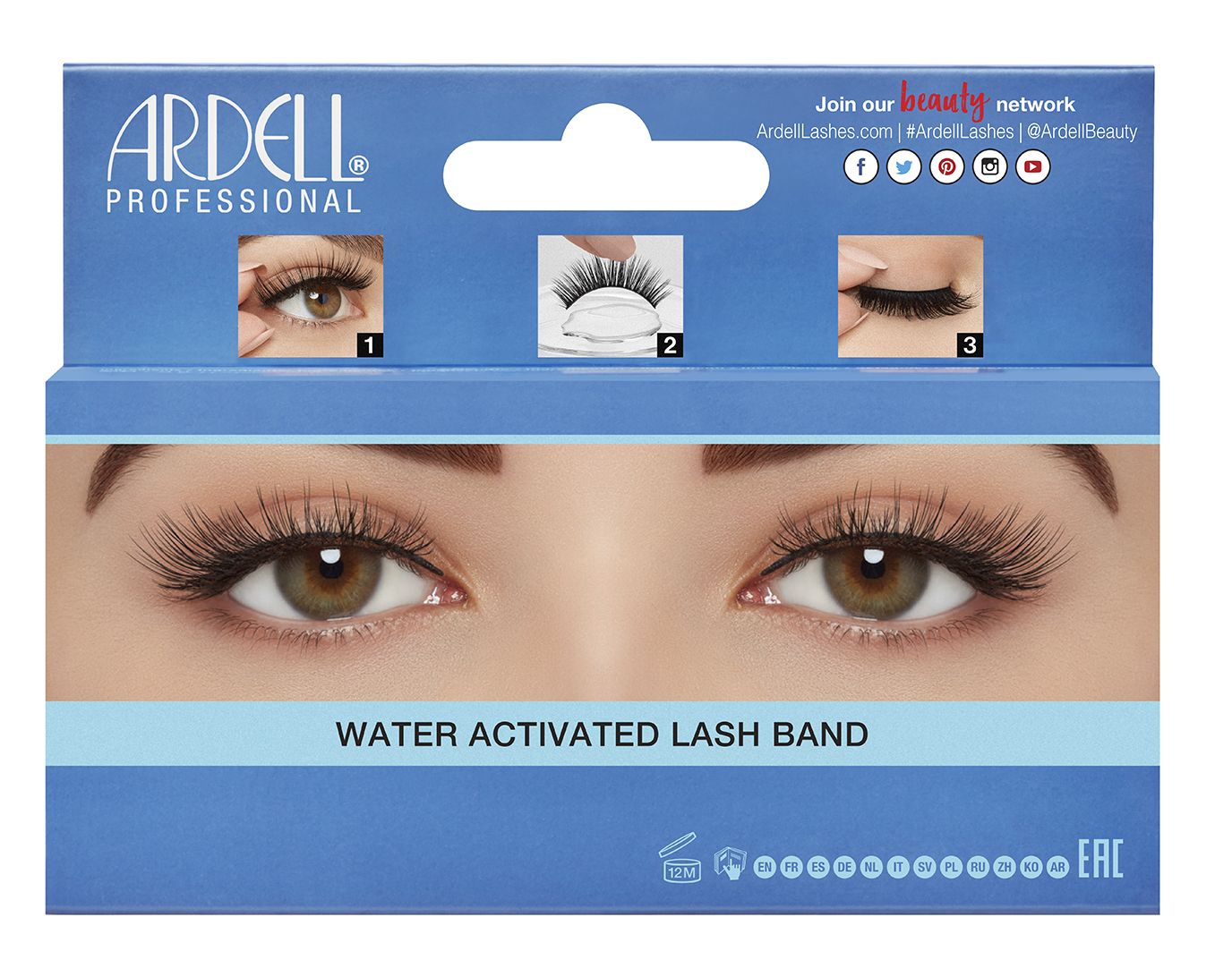 Back of Ardell Aqua Lash 341 Aqua Lash packaging featuring instructions and close up of a model's eyes wearing false lashes
