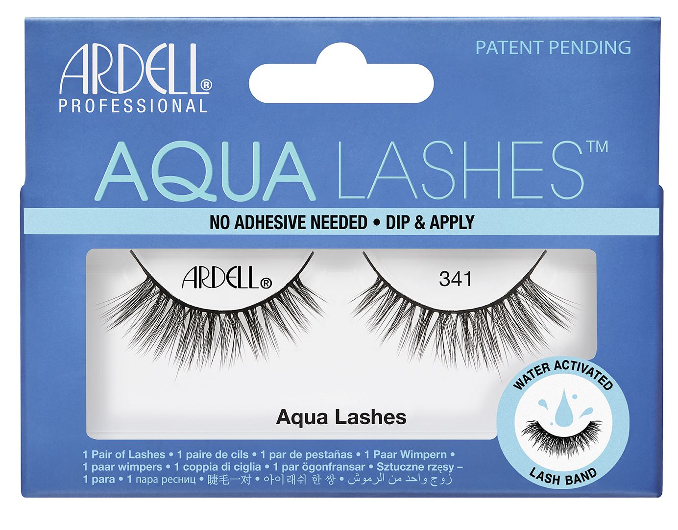 Load image into Gallery viewer, Front view of an Ardell Aqua Lash 341 false lashes set in complete retail wall hook packaging
