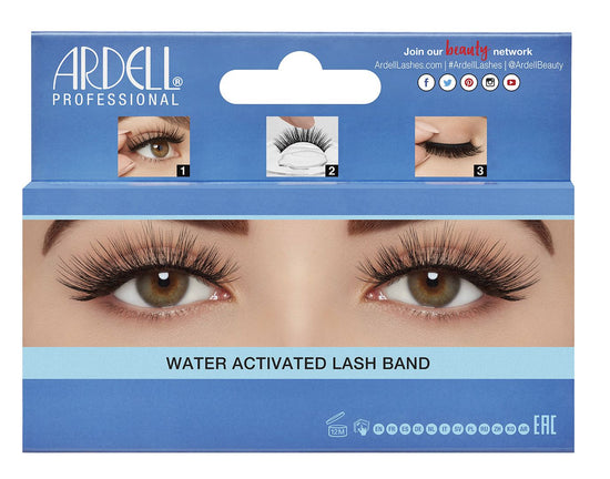 Back of Ardell Aqua Lash 342 Aqua Lash packaging featuring instructions and close up of a model's eyes wearing faux lashes
