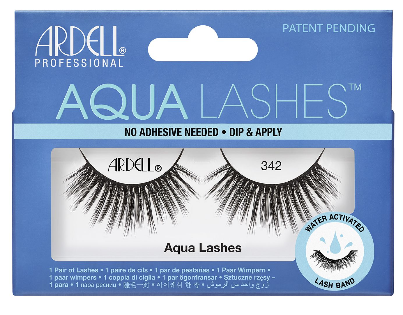 Front view of an Ardell Aqua Lash 342 false lashes set in complete retail wall hook packaging