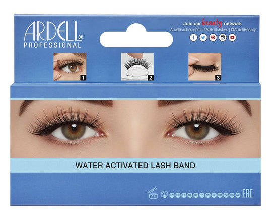 Back of Ardell Aqua Lash 343 Aqua Lash packaging featuring instructions and close up of a model's eyes wearing faux lashes