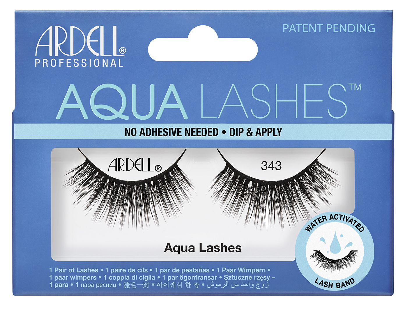 Load image into Gallery viewer,  Front view of an Ardell Aqua Lash 343 false lashes set in complete retail wall hook packaging
