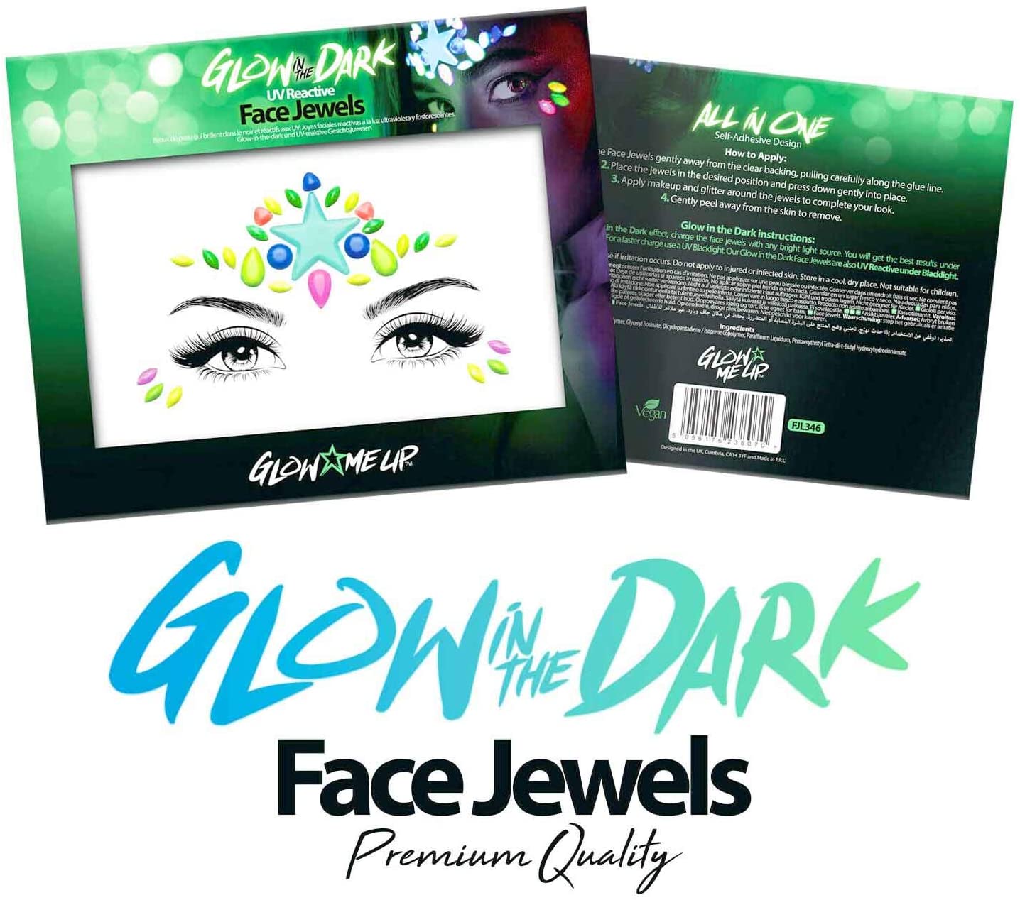 Glow in the Dark Face Jewels Stickers - Halloween temporary tattoo face gems - Luminous glow Face Gems - great with fake blood, glowsticks, glow in the dark face paint, uv face paint