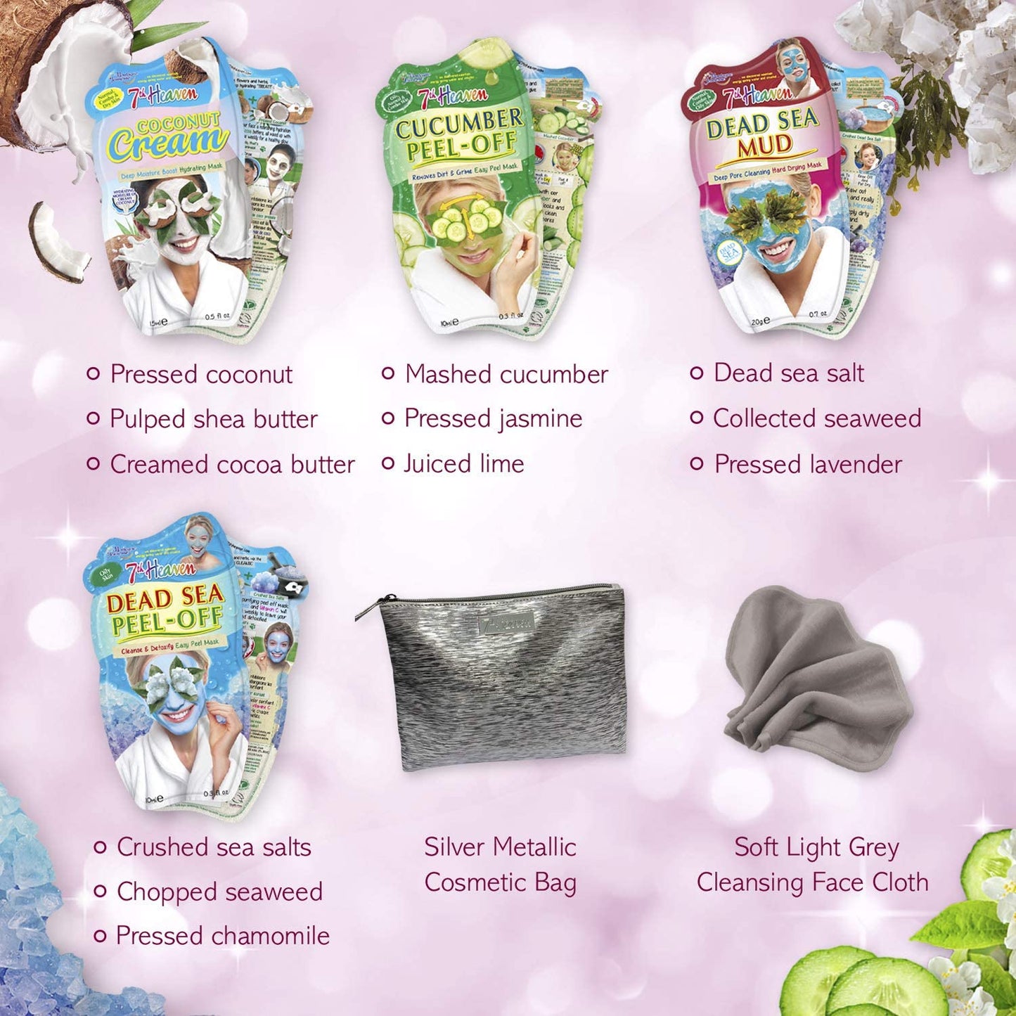 7th Heaven Pamper & Party Bundle with 10 Facial Skincare Masks - Includes a Silver Cosmetics Bag and a Cleansing Face Cloth