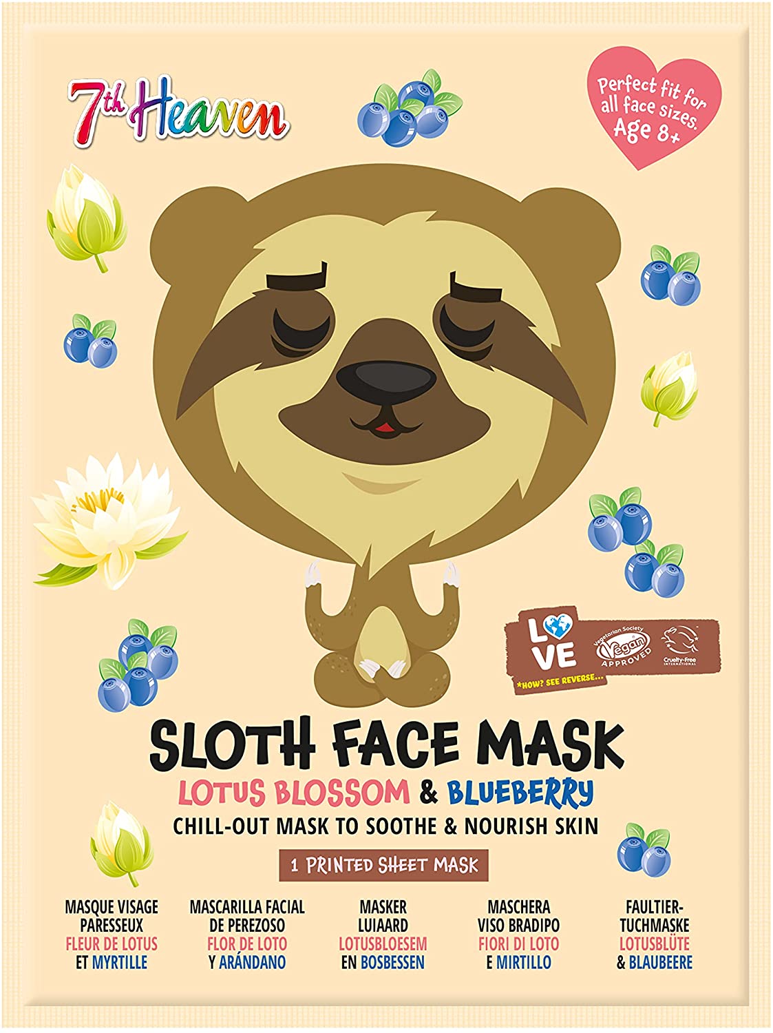 7th Heaven Sloth Face Sheet Mask with Lotus Blossom and Blueberry to Soothe and Nourish Skin