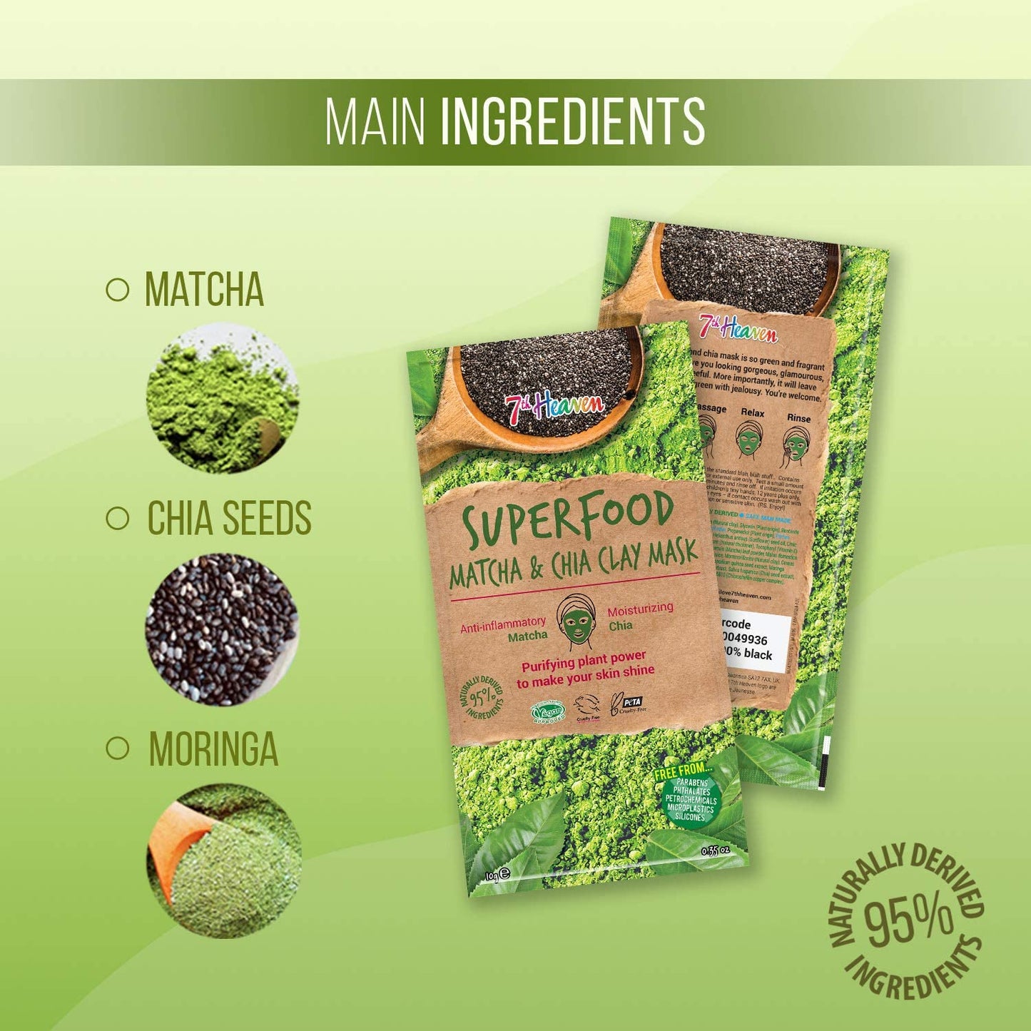 7th Heaven Superfood Matcha and Chia Clay Face Mask with Anti-oxidant Matcha and Moisturising Chia to Cleanse and Purify Skin - Ideal for All Skin Types