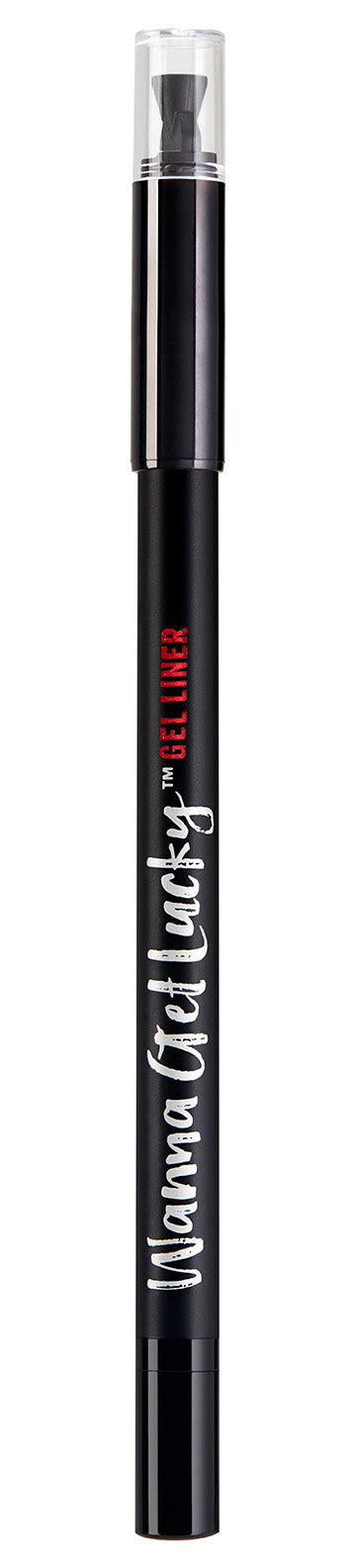 Close-up of an Ardell Wanna Get Lucky Gel Liner Ink-Jet Black standing upright side by side with its cap