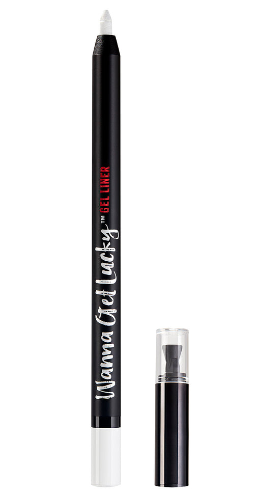Uncapped Ardell Wanna Get Lucky Gel Liner Pearl Satin White standing upright with exposed tip side by side with its cap