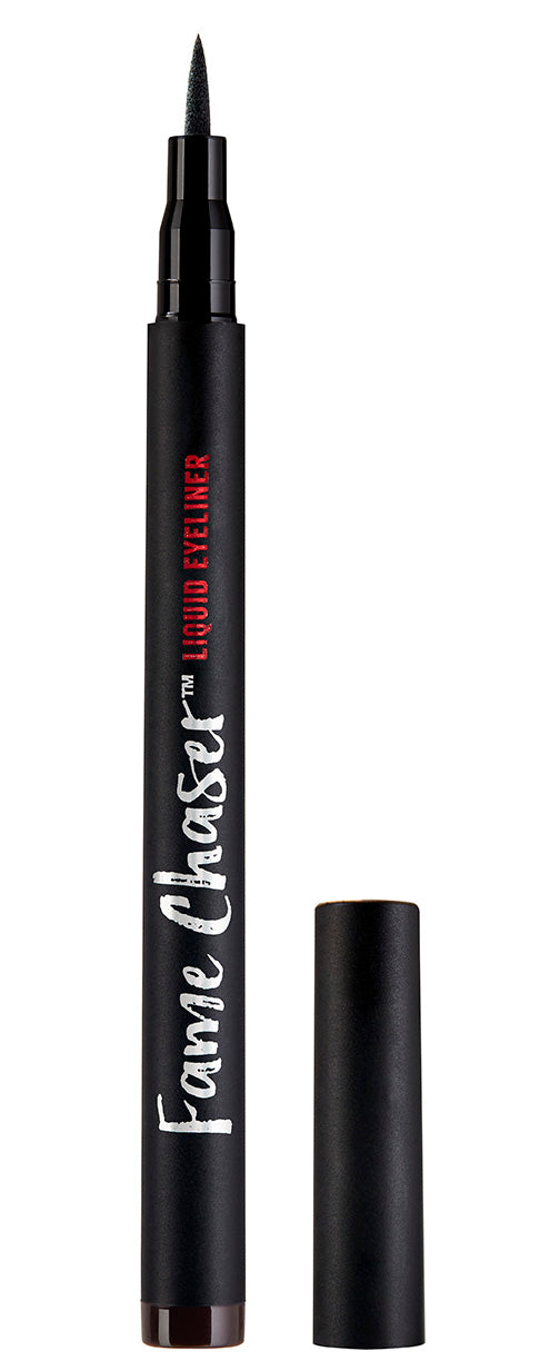 Uncapped Ardell Fame Chaser Liquid Eyeliner Espresso Classic Brown standing upright side by side with its cap