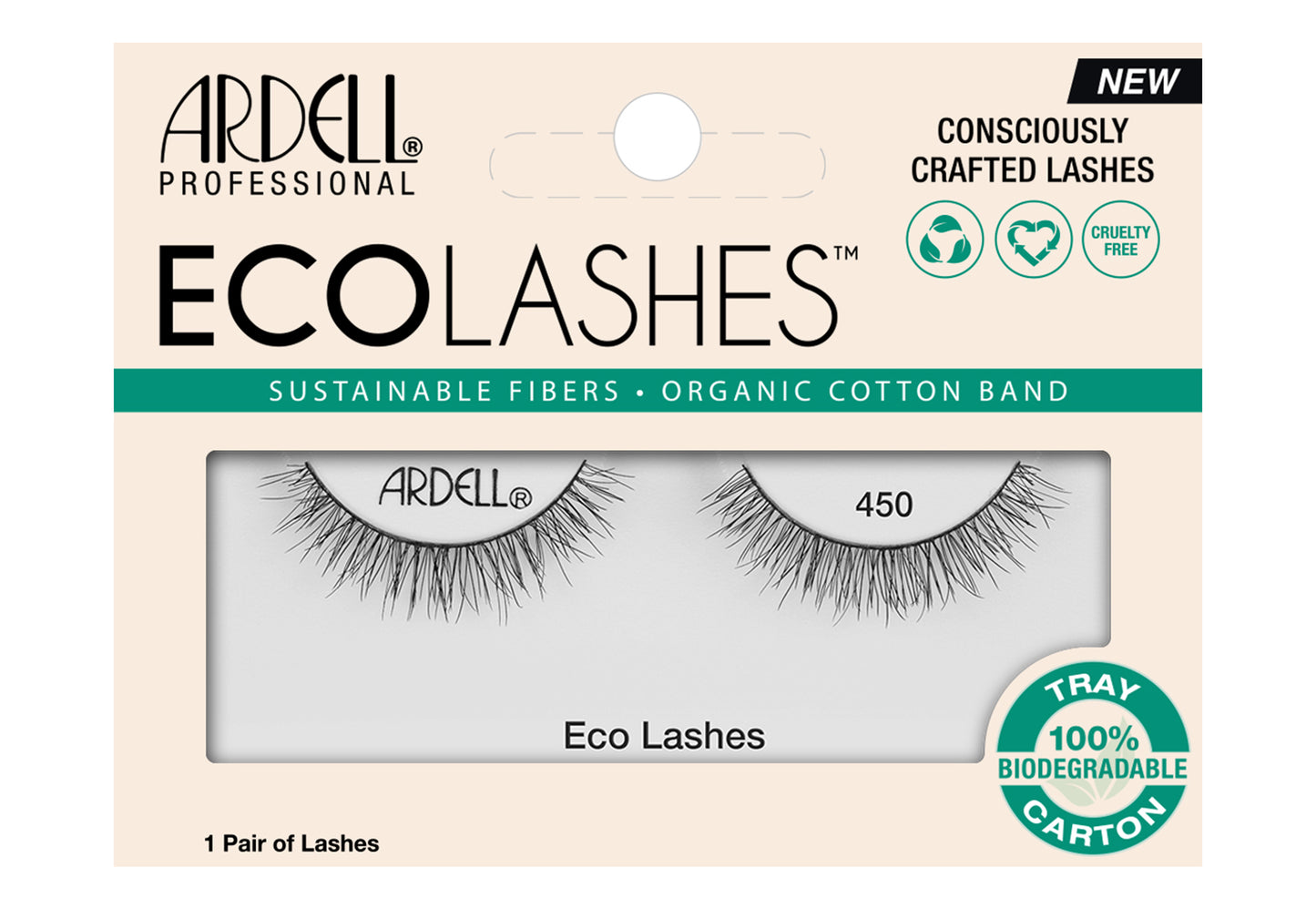 Frontview of a wall-hook ready retail pack of Ardell's Ecolashes 450 with printed label text
