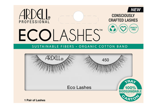 Frontview of a wall-hook ready retail pack of Ardell's Ecolashes 450 with printed label text